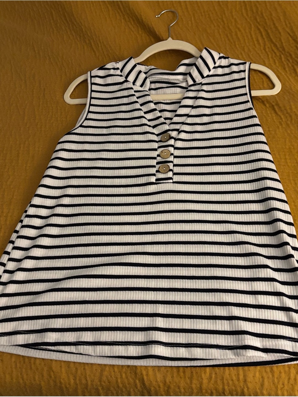 SHEIN White and Navy Striped Sleeveless Henley Tank